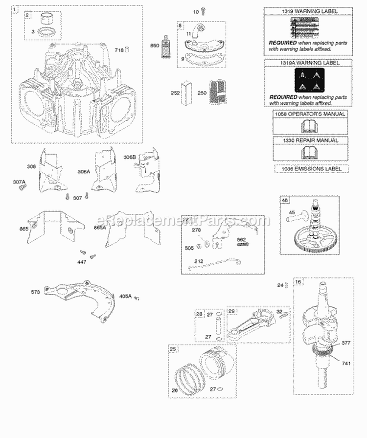 Camshaft Crankshaft Cylinder Piston Rings Connecting Rod Diagram and Parts List for 445577-3035-G5  Briggs and Stratton Engine